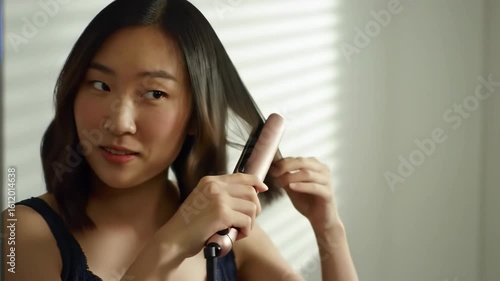 Sleek Style: Young Woman Using Hair Straightener for a Polished Look