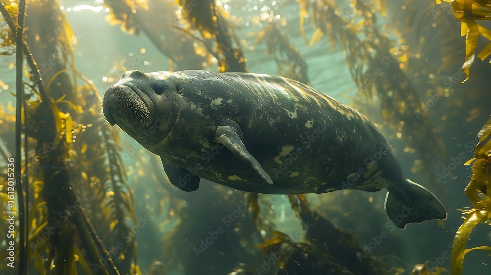 Fototapeta premium The sea cow, including manatees and dugongs, is a gentle, slow-moving marine mammal that lives in warm coastal waters. Herbivorous by nature, it grazes on seagrass in shallow areas. Known for its calm