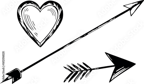 Hand Drawn Heart Pierced by Cupid Arrow Romantic Love Symbol Illustration