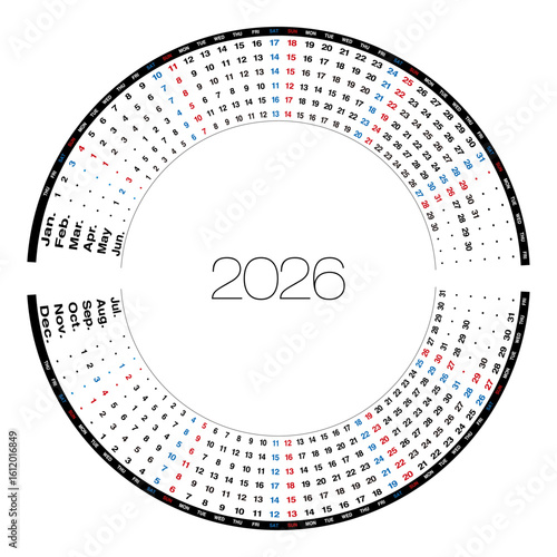 2026年の円形年間カレンダー 日本の祝日表記はありません