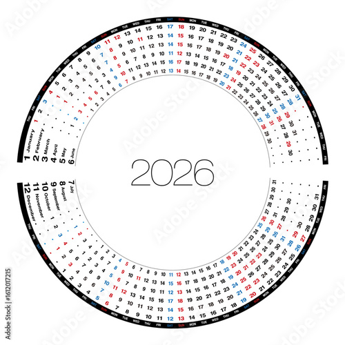 2026年の円形年間カレンダー