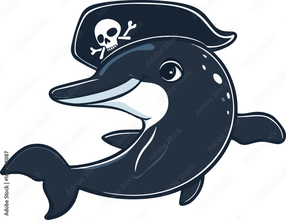 Naklejka premium cartoon dolphin wearing pirate hat illustration