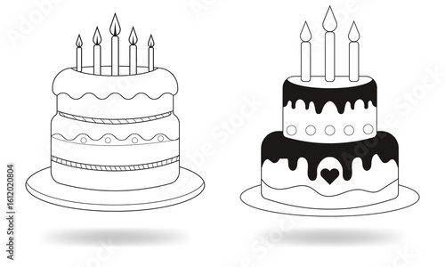 Minimalist Birthday Cake Line Art Illustration with Candles  Black and White Vector