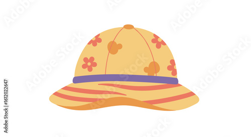 Colorful floral sun hat with striped brim and playful design  