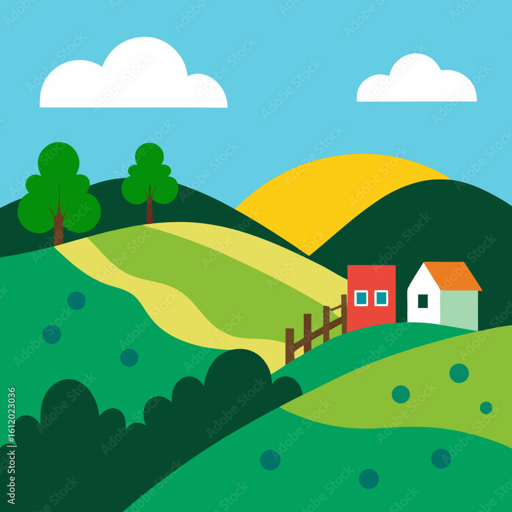 Naklejka premium rural landscape with houses and trees