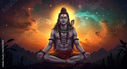 Lord shiva, the supreme hindu deity, meditates serenely amidst a vibrant cosmic display of galaxies, stars, and nebulae, embodying divine peace and power