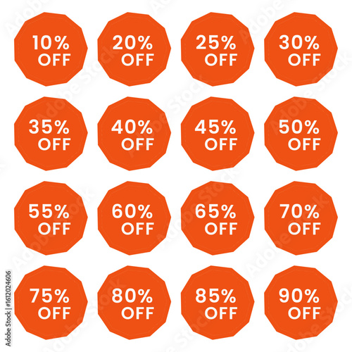 Orange Discount Percentage Badges – Octagonal Sale Stickers with Various Off Percentages for Promotions