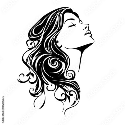 Woman with long wavy hair in black and white illustration