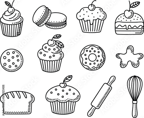 Hand drawn sketch collection of baked goods and baking tools