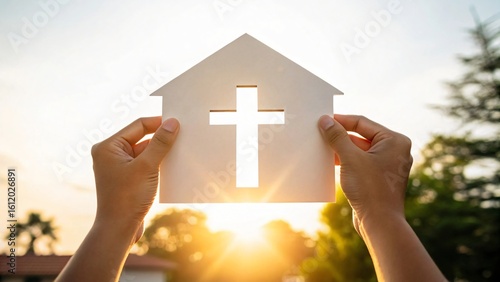 Hands holding house with cross cutout paper