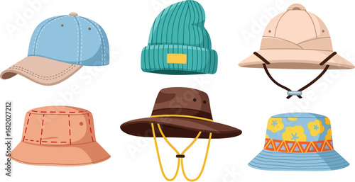 Illustration of six different types of hats on a white background flat