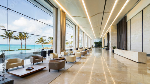 Modern hotel interior with curved stone reception desk and panoramic views of tropical landscape and infinity pool, concept of tropical elegance