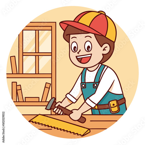 Young Carpenter Happily Working with Hammer and Saw Crafting Wood