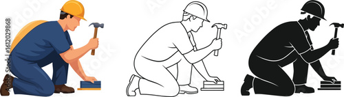 Carpenter hammering wood vector illustration construction worker with hammer and nail job site editable