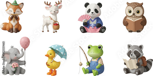 Cute animal figurines collection adorable fox deer panda owl elephant duck frog raccoon characters editable
