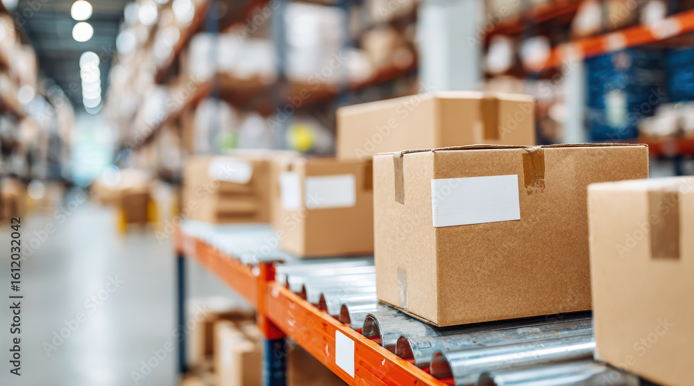 custom made wallpaper toronto digitalWarehouse conveyor belt system transporting cardboard packages through modern distribution facility. Industrial logistics operation with boxes moving along automated sorting equipment for efficient