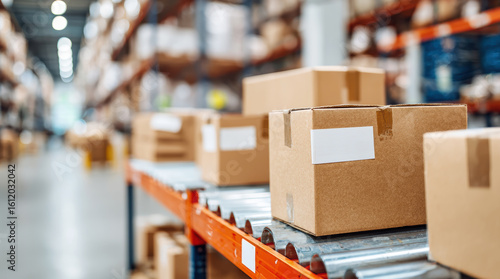 Wallpaper Mural Warehouse conveyor belt system transporting cardboard packages through modern distribution facility. Industrial logistics operation with boxes moving along automated sorting equipment for efficient Torontodigital.ca