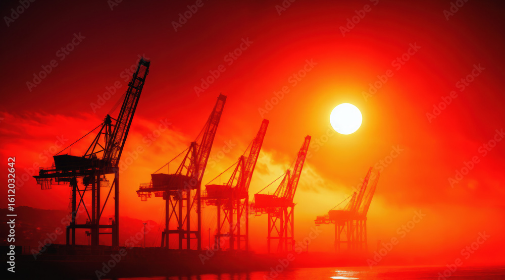 Obraz premium Port cranes silhouetted against orange sunset sky. Industrial harbor terminal with cargo loading equipment for maritime shipping and international trade operations at dusk.