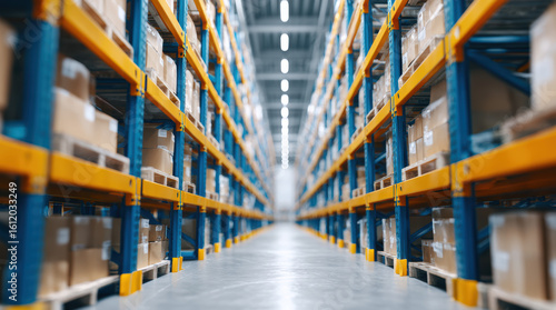 Industrial warehouse with blue and yellow storage racks filled with goods and packages. Distribution center aisle perspective with organized inventory management system. Modern logistics facility