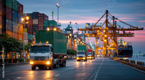 Port terminal trucks transport containers along illuminated harbor road during sunset. Industrial cargo vehicles navigate between stacked shipping and towering cranes. Maritime logistics operations © remake