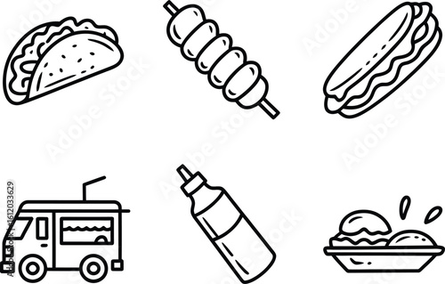 Collection of hand drawn food icons including taco skewer sandwich food truck bottle and ice cream