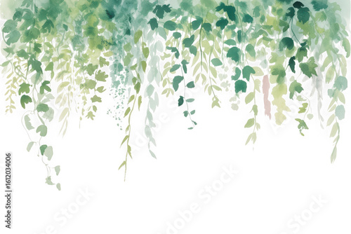 Abstract watercolor painting of cascading green leaves against a dark background