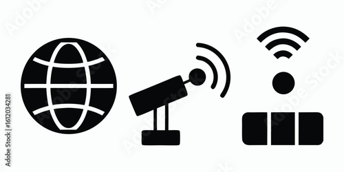 Vector art of a collection of icons representing global internet connectivity and wireless signals.