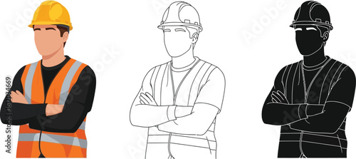 Construction worker vector illustration with safety vest and hard hat in different styles editable