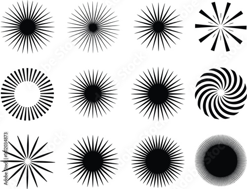 Collection of twelve black and white abstract geometric sunburst and swirl designs