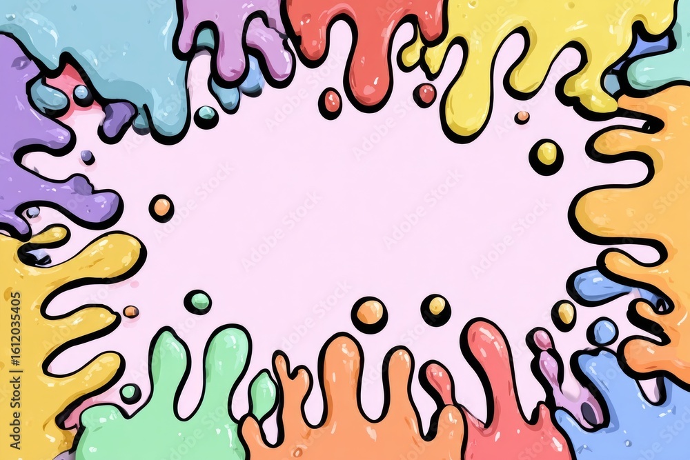 Fototapeta premium Cartoon style illustration featuring colorful slime dripping, forming a frame against a pink backdrop