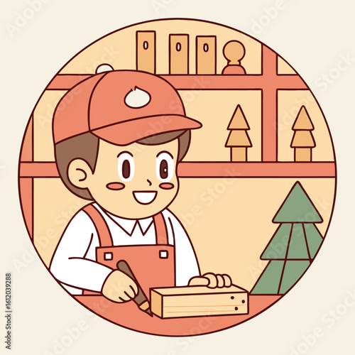 Young craftsman meticulously works on a wooden block with tools in a cheerful workshop setting