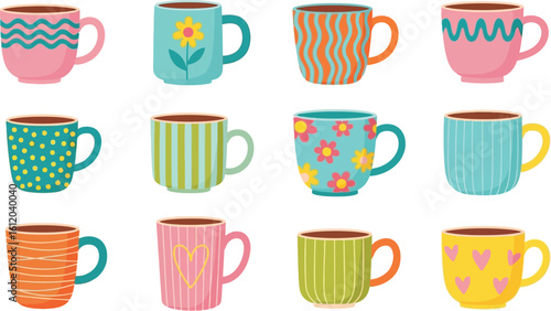 Colorful coffee mugs vector illustration set decorative cups with various patterns and designs editable