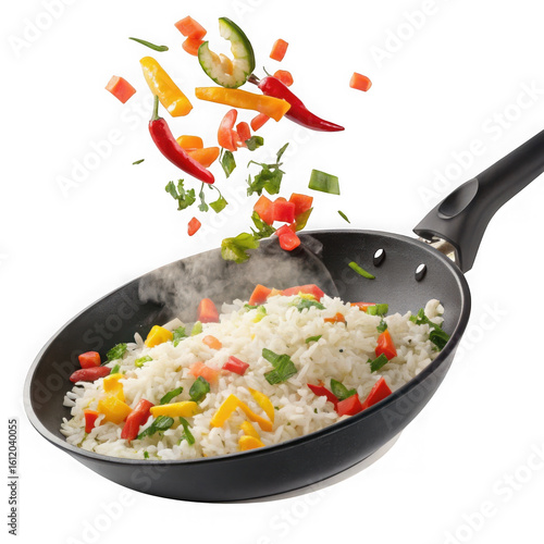 Delicious food tossed in pan isolated on transparent background