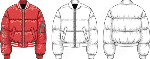 Puffer jacket with striped collar and waistband, sleeve zipper pocket, front and back view illustration, technical fashion sketch, red design
