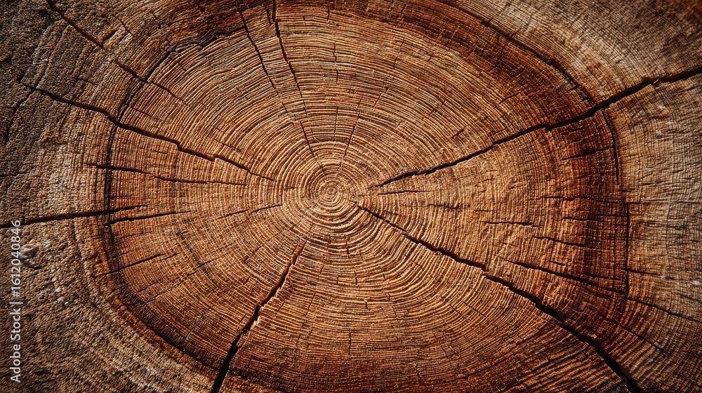 Naklejka premium Tree rings in cross-section of freshly cut oak log. Natural wood grain patterns