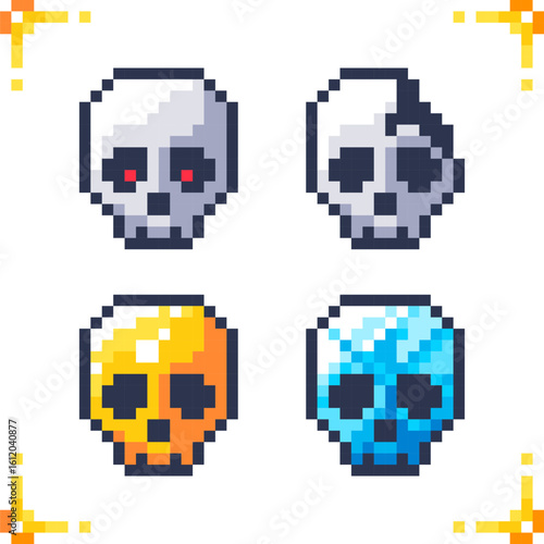 Set of pixel art skulls icons. Skull, split, cracked skull, golden skull, crystal, ice skull for rpg 2d indie games. 16x16 pixels.