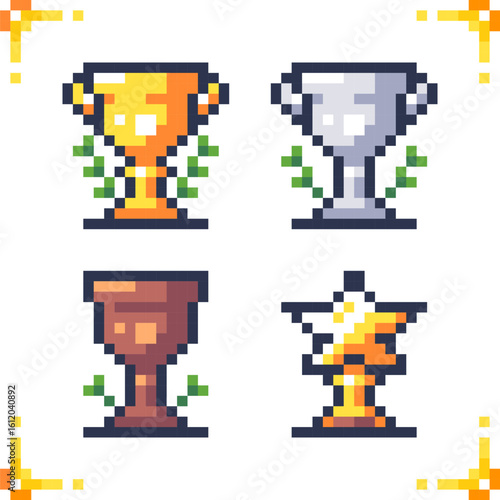 Set of pixel art trophy icons. Pixel art trophy set featuring gold, silver, bronze cups, and a star-shaped award. Ideal for achievements and rewards in games. 16x16 pixels.