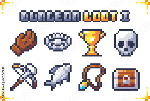 Pixel art dungeon loot icon set featuring a glove, trap, golden trophy, skull, crossbow, fish, amulet, and treasure chest. Ideal for RPG and adventure games. 16x16 pixels
