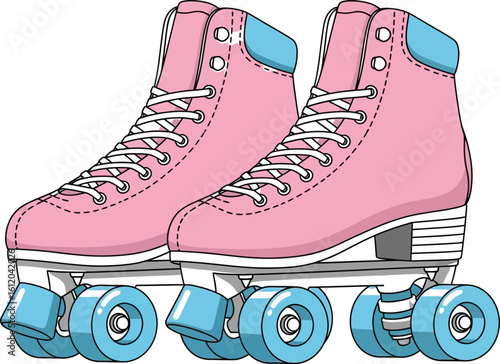 Illustration of pink roller skates with blue wheels on a white background