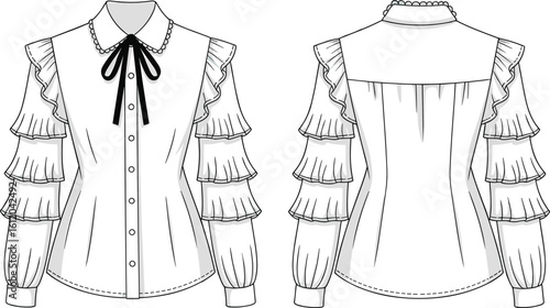 Victorian-inspired blouse design, high collar, scalloped edge, ribbon bow, ruffle sleeve detail, front and back technical fashion drawing