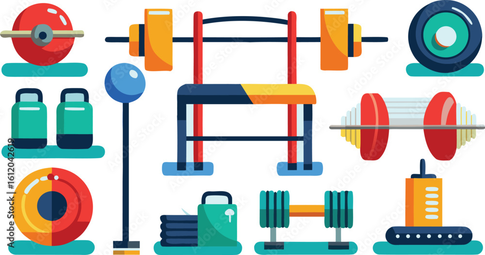 Obraz premium Collection of colorful flat design gym equipment and weights fitness workout