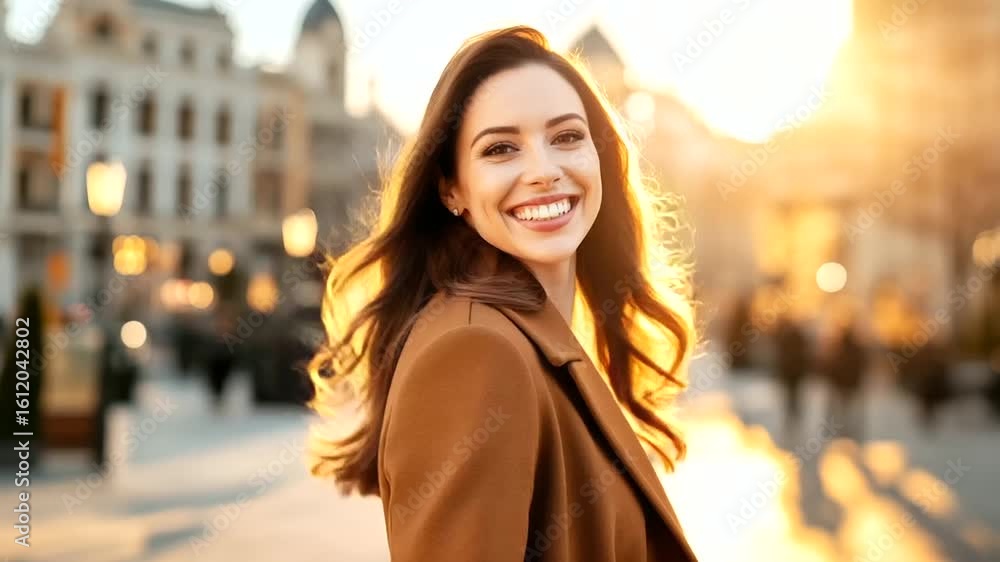 A shot from behind of an attractive woman in a brown coat walking on a square, her long brunette hair blowing in the wind as she turns and looks into the camera, with old beautiful A shot from behind of an attractive woman in a brown coat walking on a square, her long brunette hair blowing in the wind as she turns and looks into the camera, with old beautiful