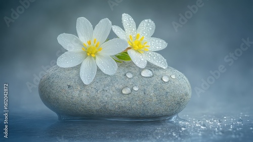 Delicate White Flowers with Water Droplets on Pebble Stone Surface