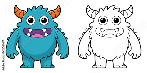 Blue monster with orange horns and white outline cartoon