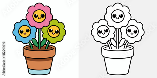 Three happy cartoon flowers in a pot potted plant cute
