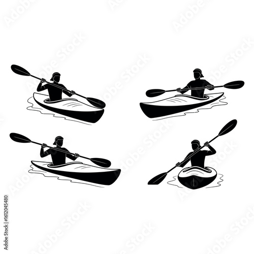 Four black silhouette kayakers paddling on white background