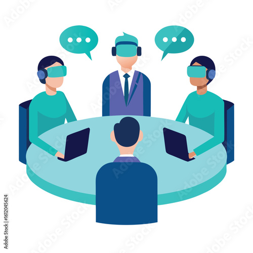 Virtual reality meeting with avatars interacting isolated on white background
