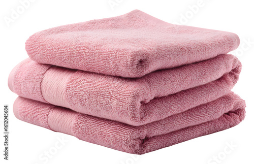 Stack of soft pink bath towels isolated on transparent background