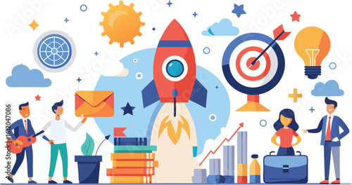Red rocket launching with business people and success symbols startup