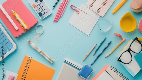 Overhead shot of stationery supplies including notebooks pens and calculator on a blue surface
